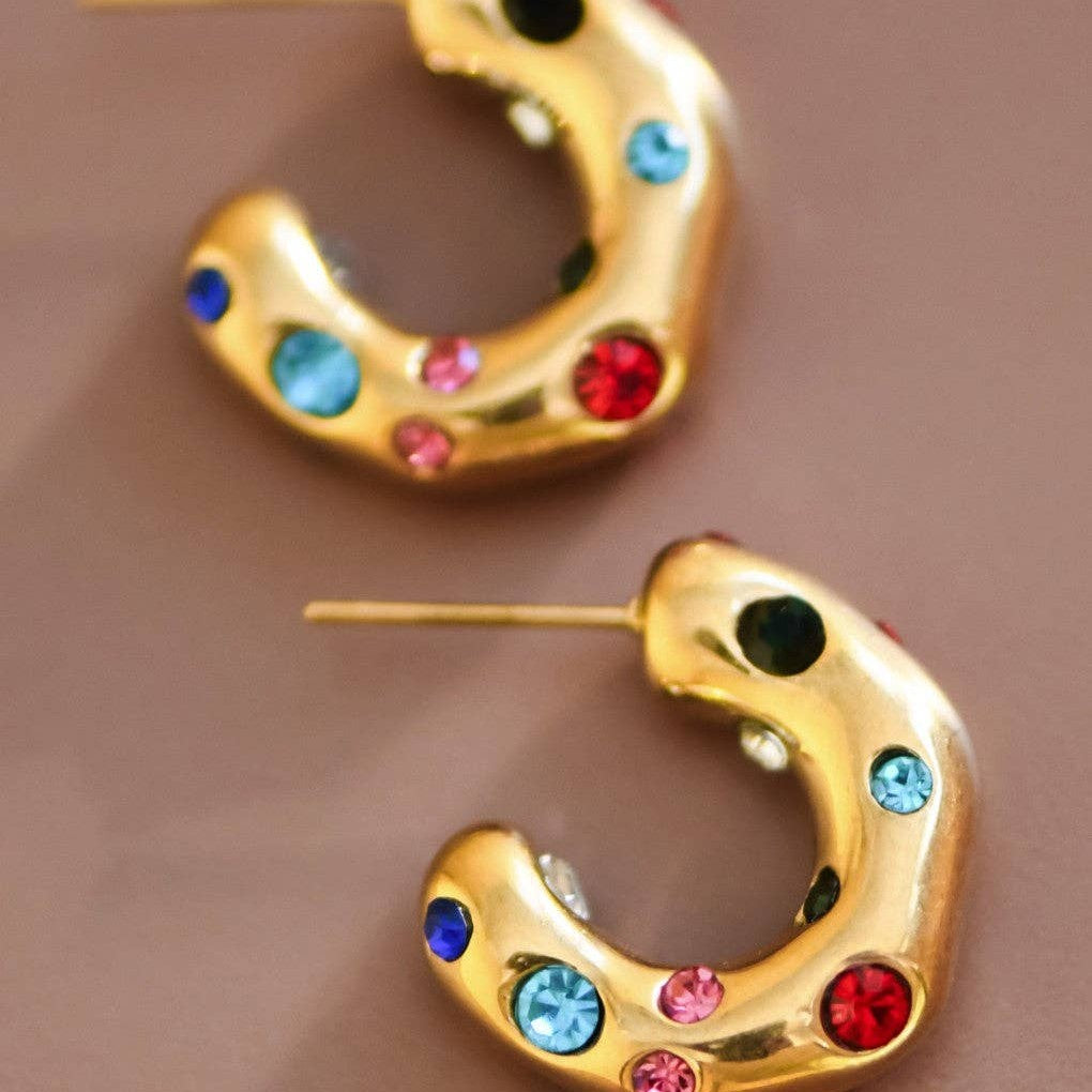 Crystal Dot Chunky Hoop Earrings — 18k Gold-Plated — view 3