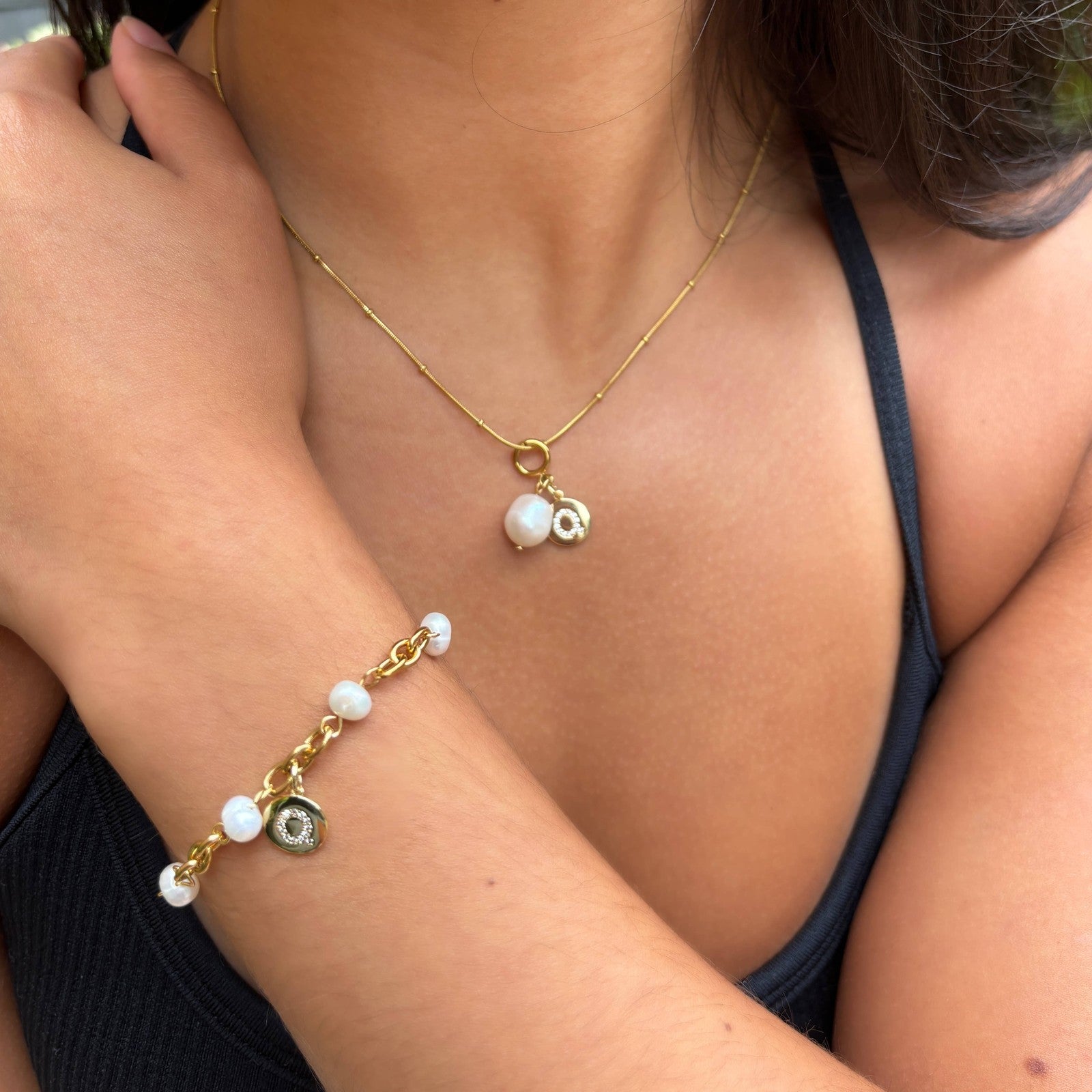 Pearl & Initial Tag Necklace — 18ct Gold-Plated — view 2