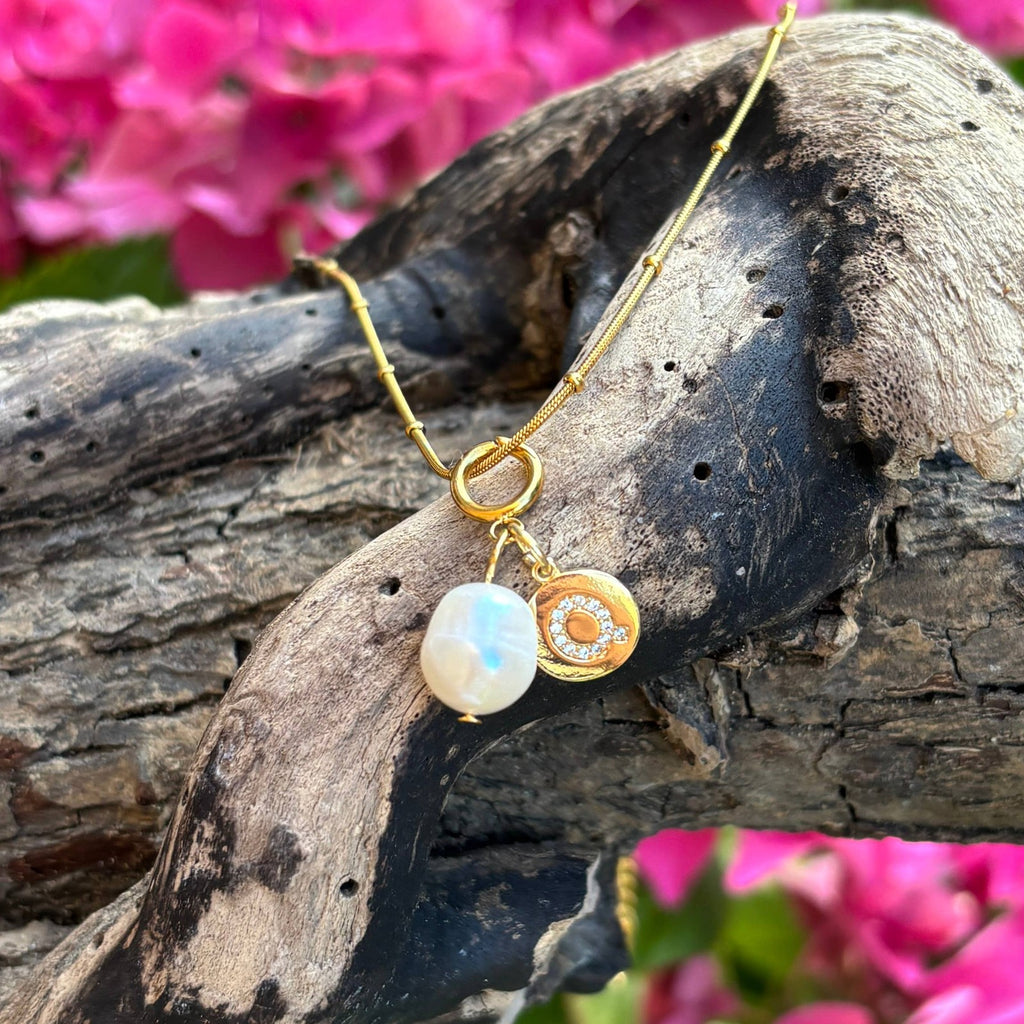 Pearl & Initial Tag Necklace — 18ct Gold-Plated — view 3