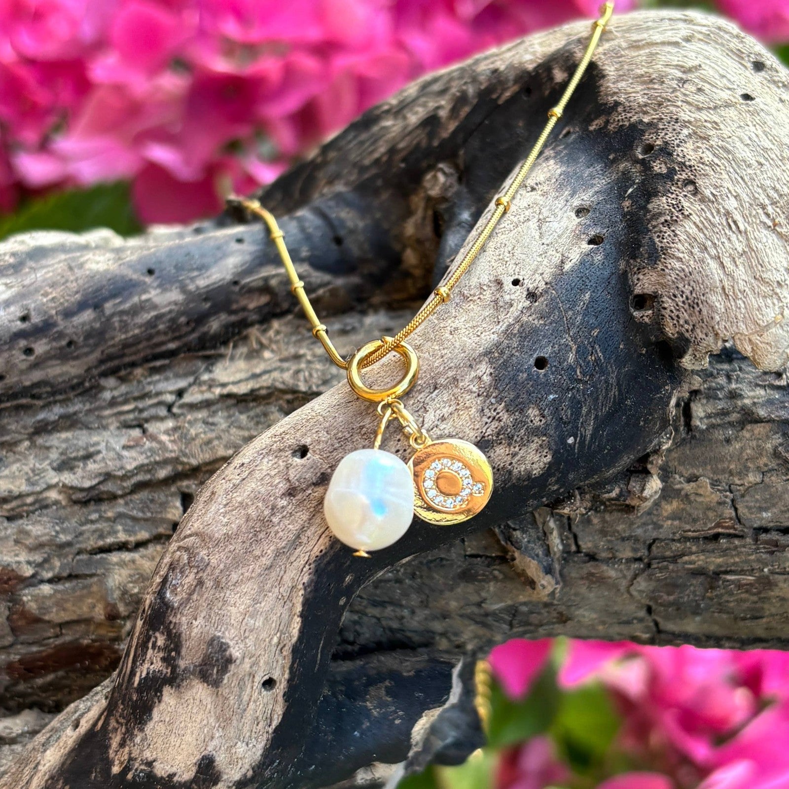 Pearl & Initial Tag Necklace — 18ct Gold-Plated — view 3