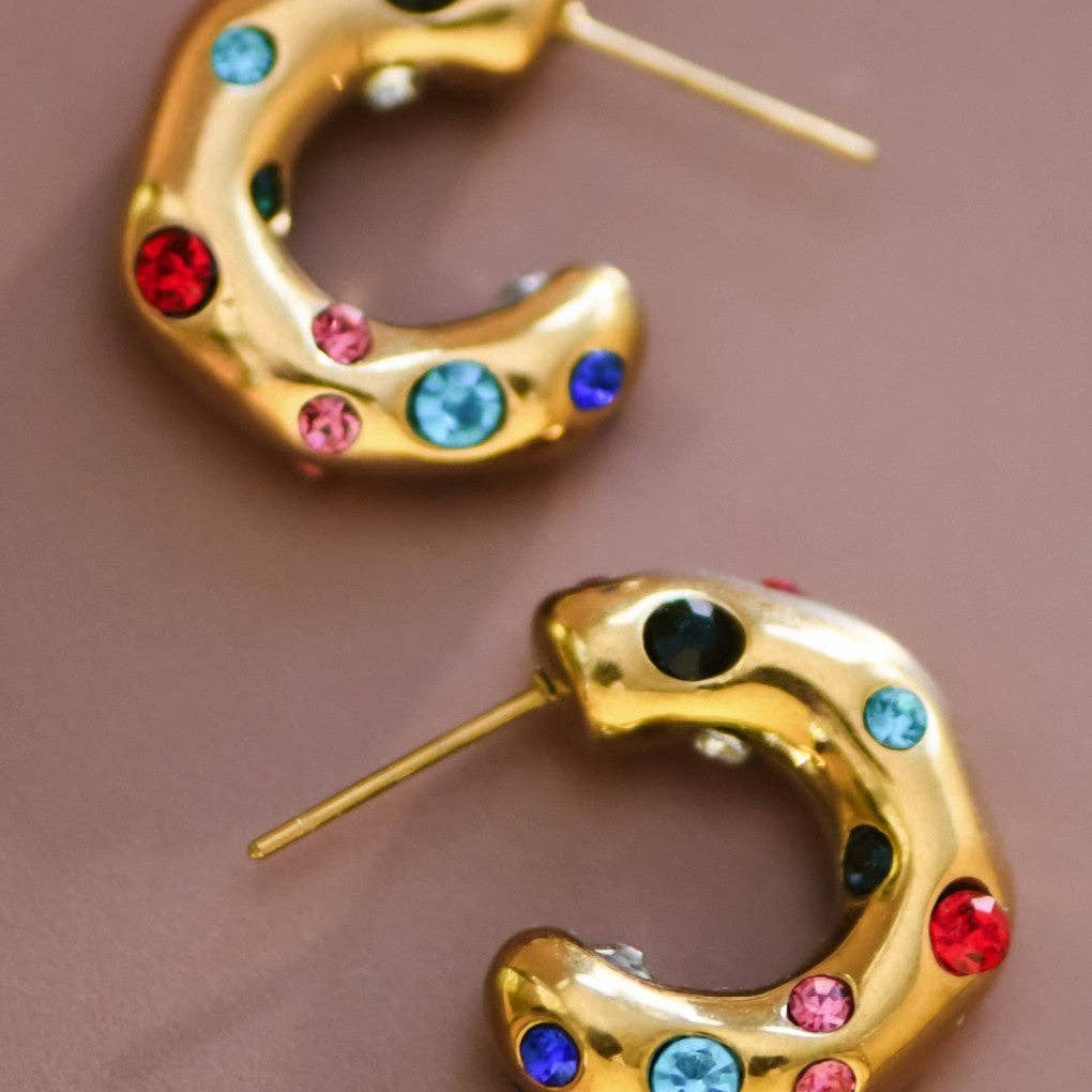 Crystal Dot Chunky Hoop Earrings — 18k Gold-Plated — view 2