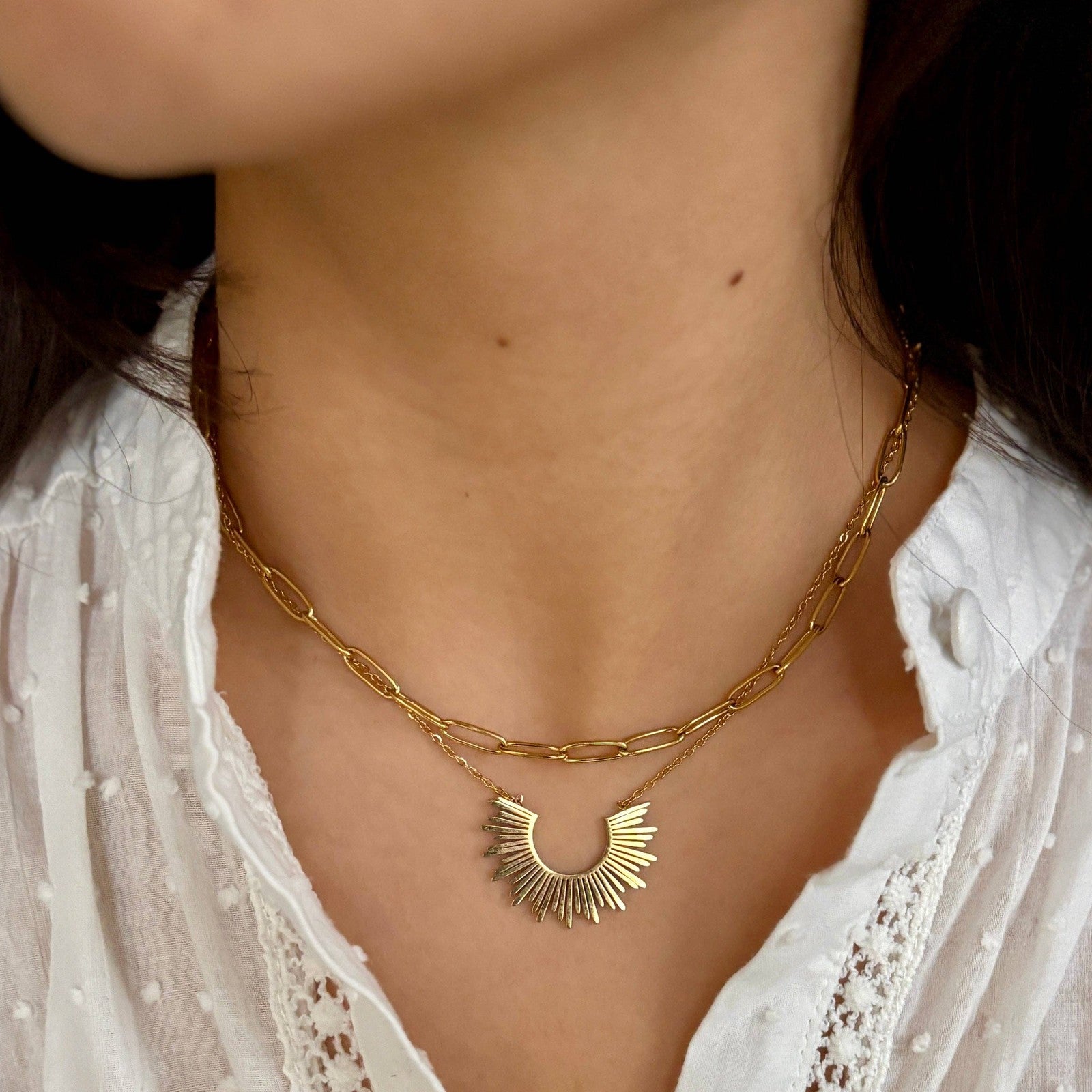 Sunburst Pendant Double Chain Necklace — 18ct Gold-Plated — view 2