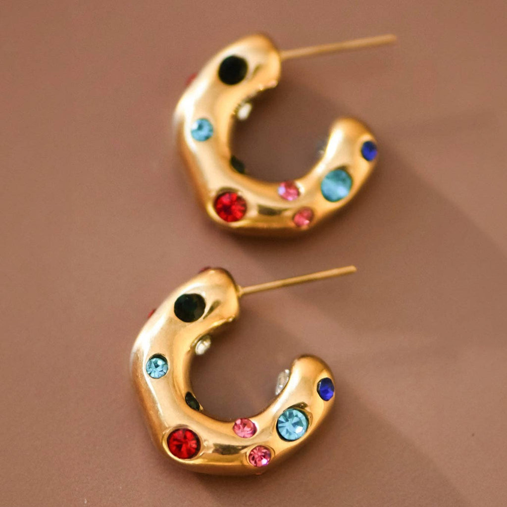 Crystal Dot Chunky Hoop Earrings — 18k Gold-Plated — view 1