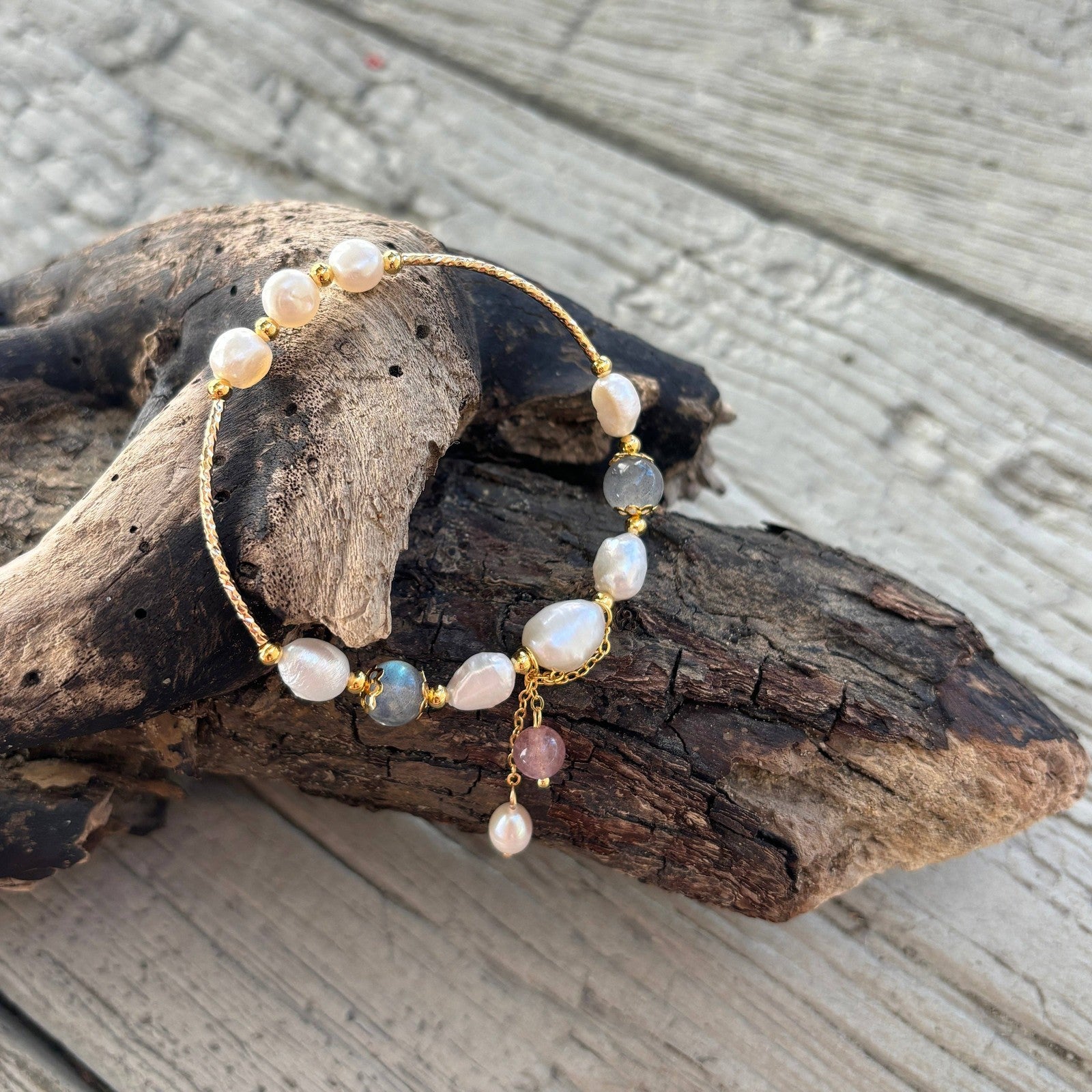 Freshwater Pearl & Moonstone Bracelet — 14ct Gold-Plated — view 2