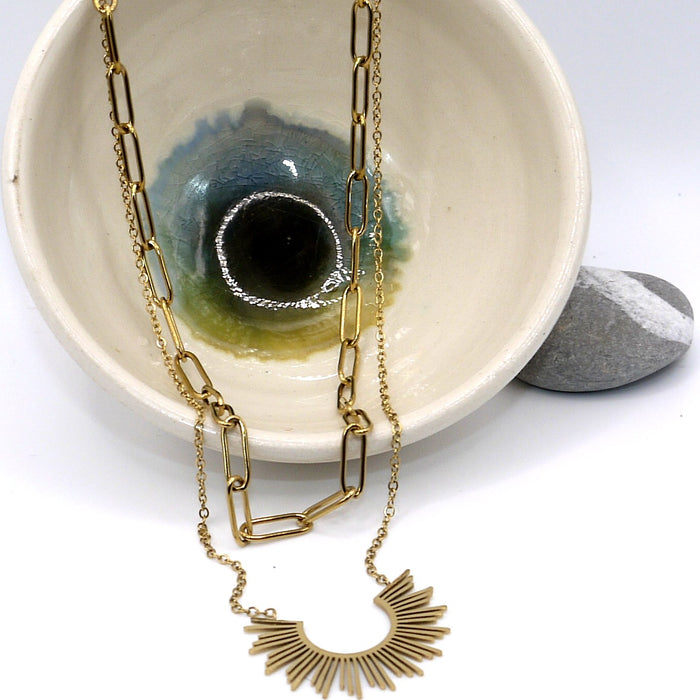 Sunburst Pendant Double Chain Necklace – flat lay